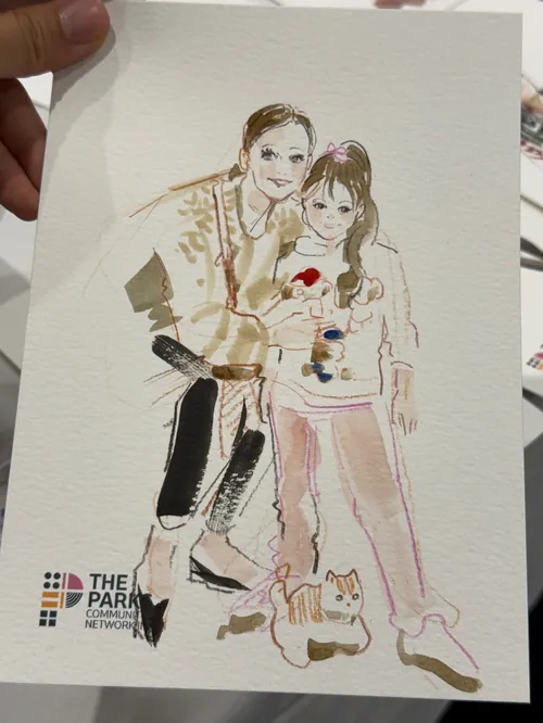 孙宇曼苏尔创作的水彩肖像画，画中一对夫妇和一只小狗依偎在一起。
