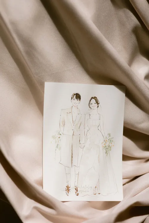 Wedding illustration of bride and groom holding hands by Sunwoo Mansour