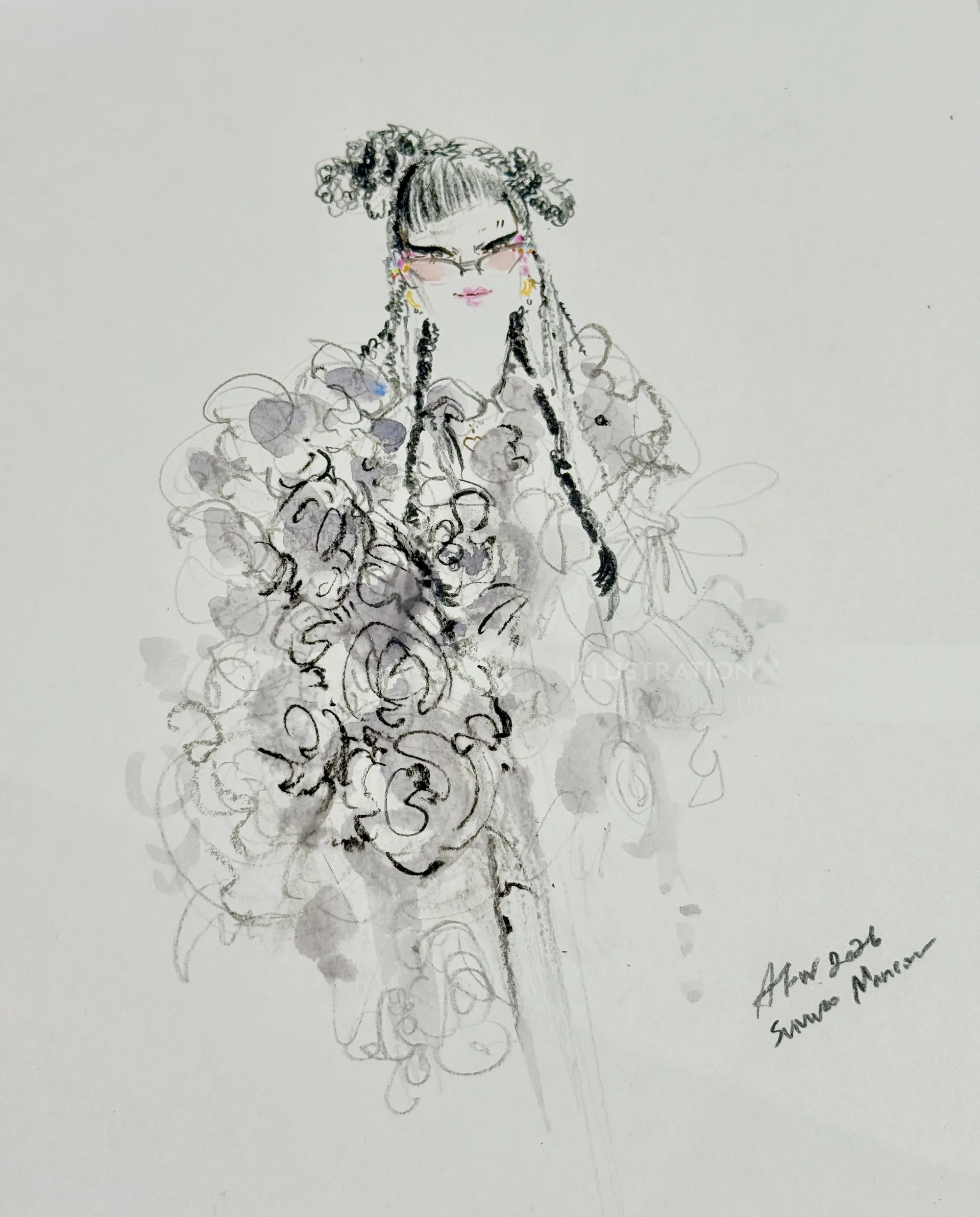 Fashion illustration of model in intricate, flowing outfit by John Azzi, Sunwoo Mansour
