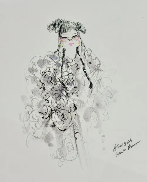 Fashion illustration of model in intricate, flowing outfit by John Azzi, Sunwoo Mansour