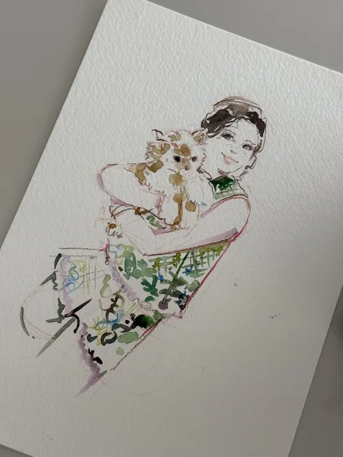 Sketch of a woman holding a small dog by Sunwoo Mansour