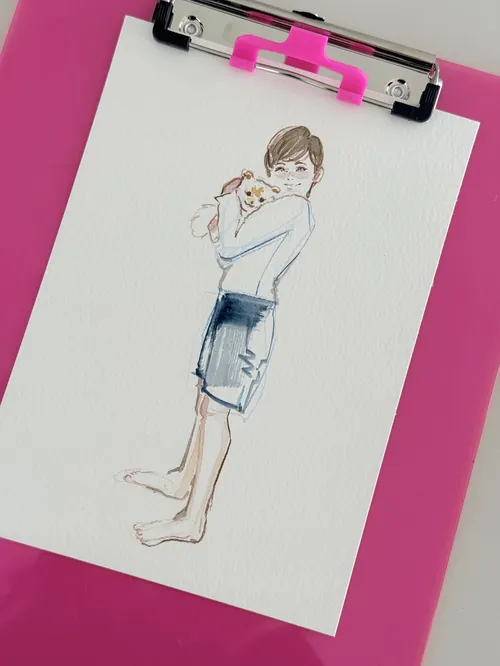 Live event sketch of boy holding small dog by Sunwoo Mansour