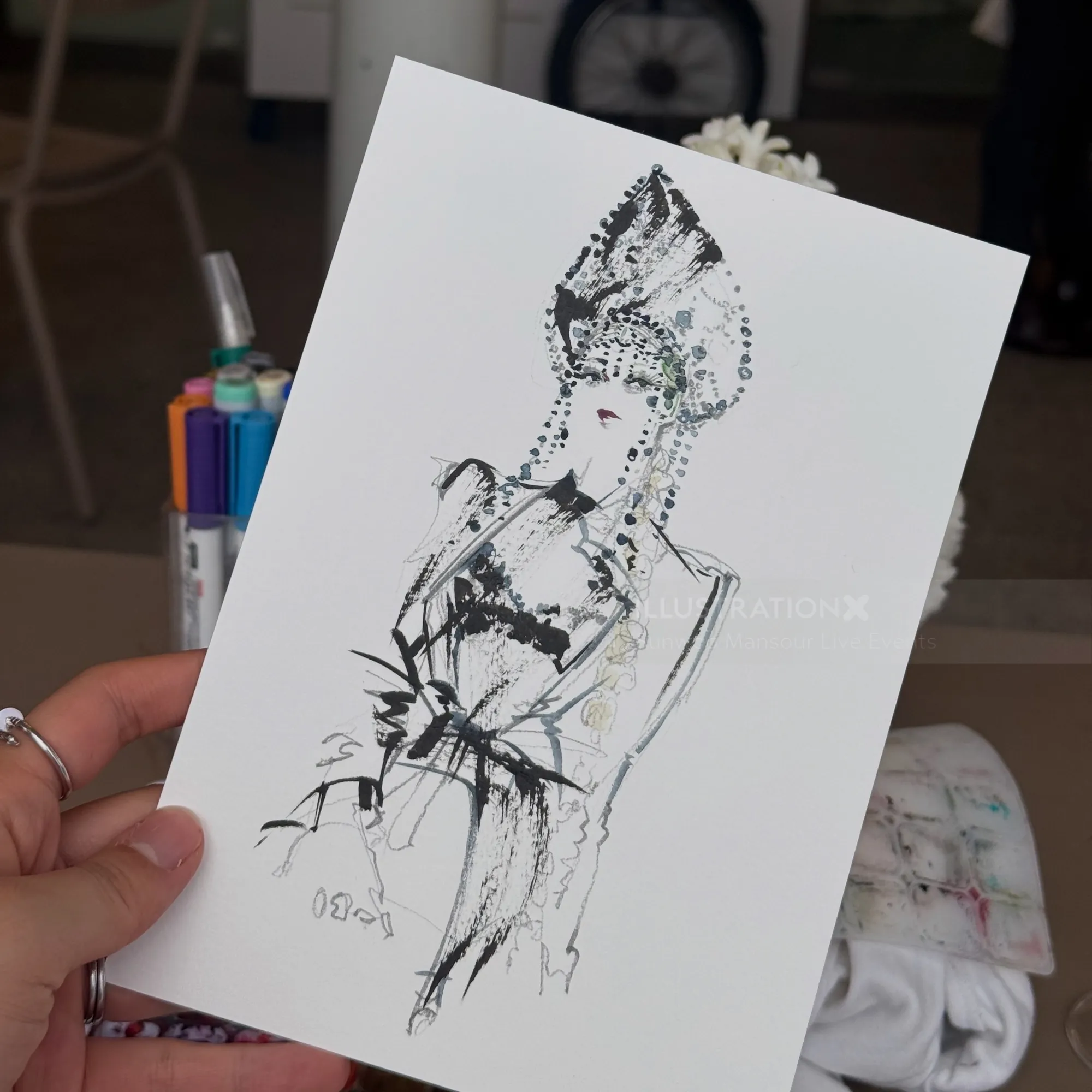 Fashion sketch of woman wearing intricate headdress by Sunwoo Mansour