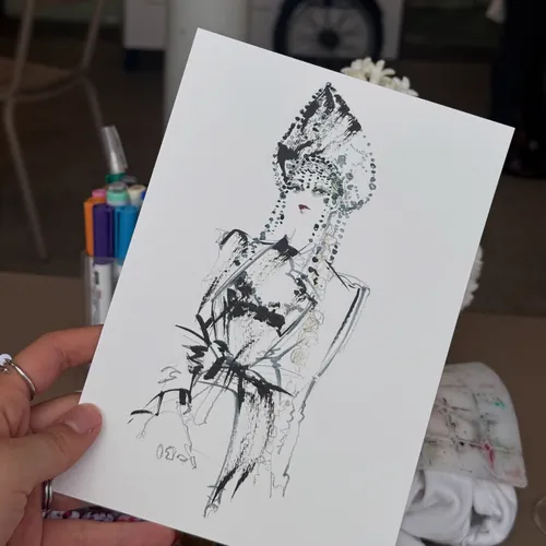 Fashion sketch of woman wearing intricate headdress by Sunwoo Mansour
