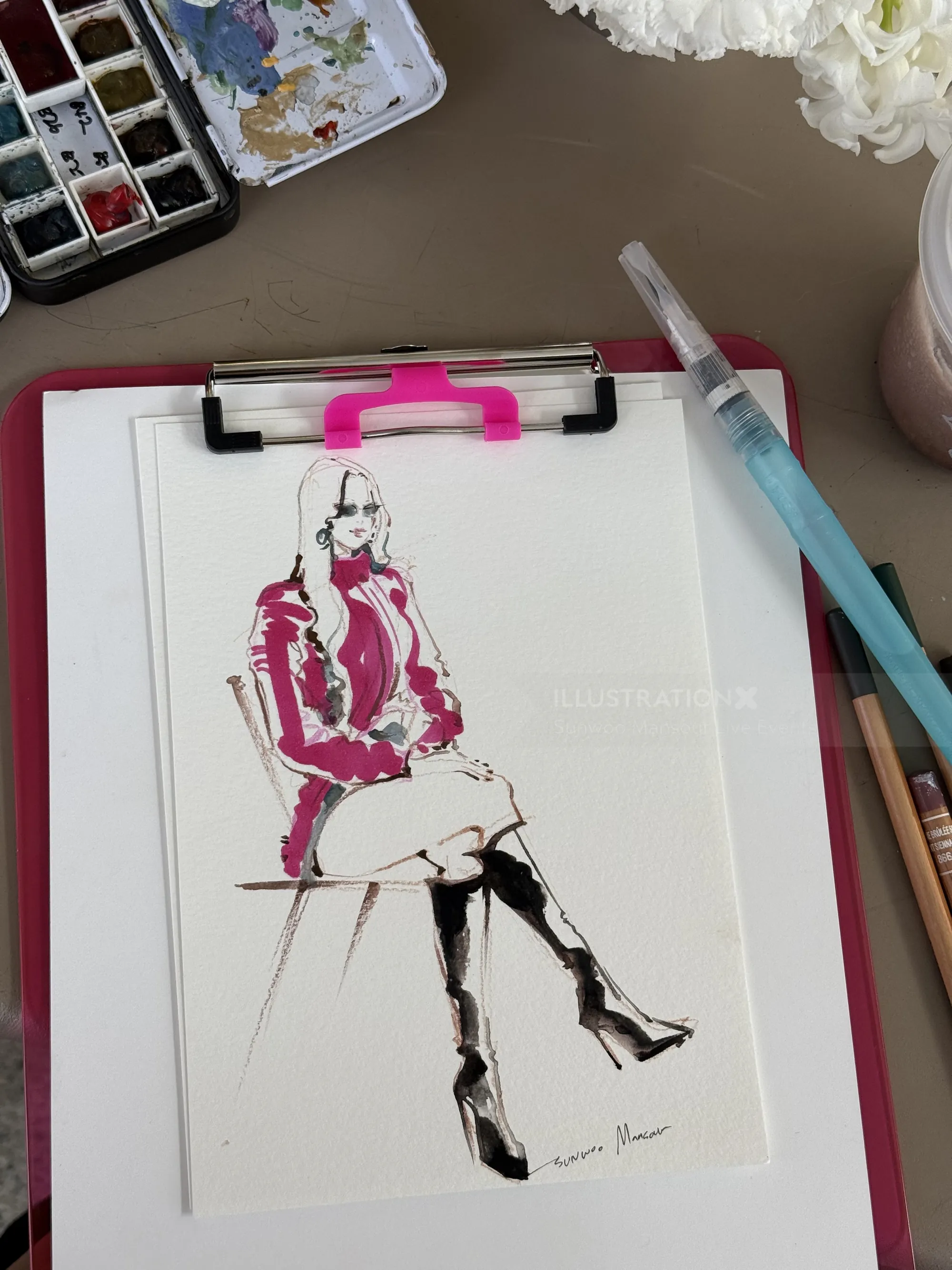 Fashion sketch of a woman in high boots, by Sunwoo Mansour