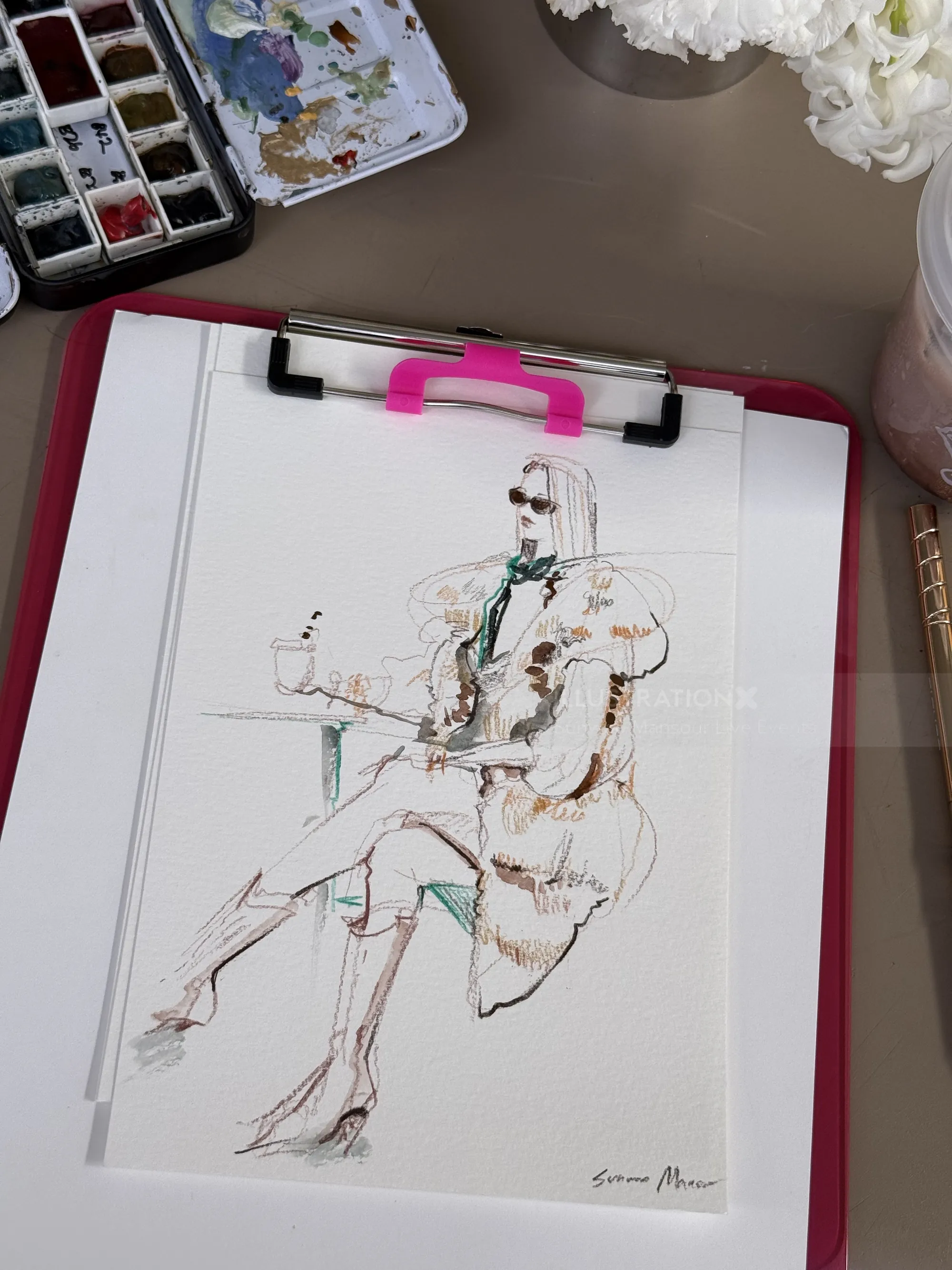 Live fashion illustration sketch by Sunwoo Mansour during Australian Fashion Week