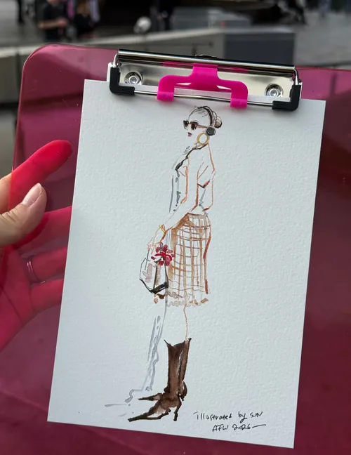 Fashion illustration of a woman in boots at Australian Fashion Week by Sunwoo Mansour