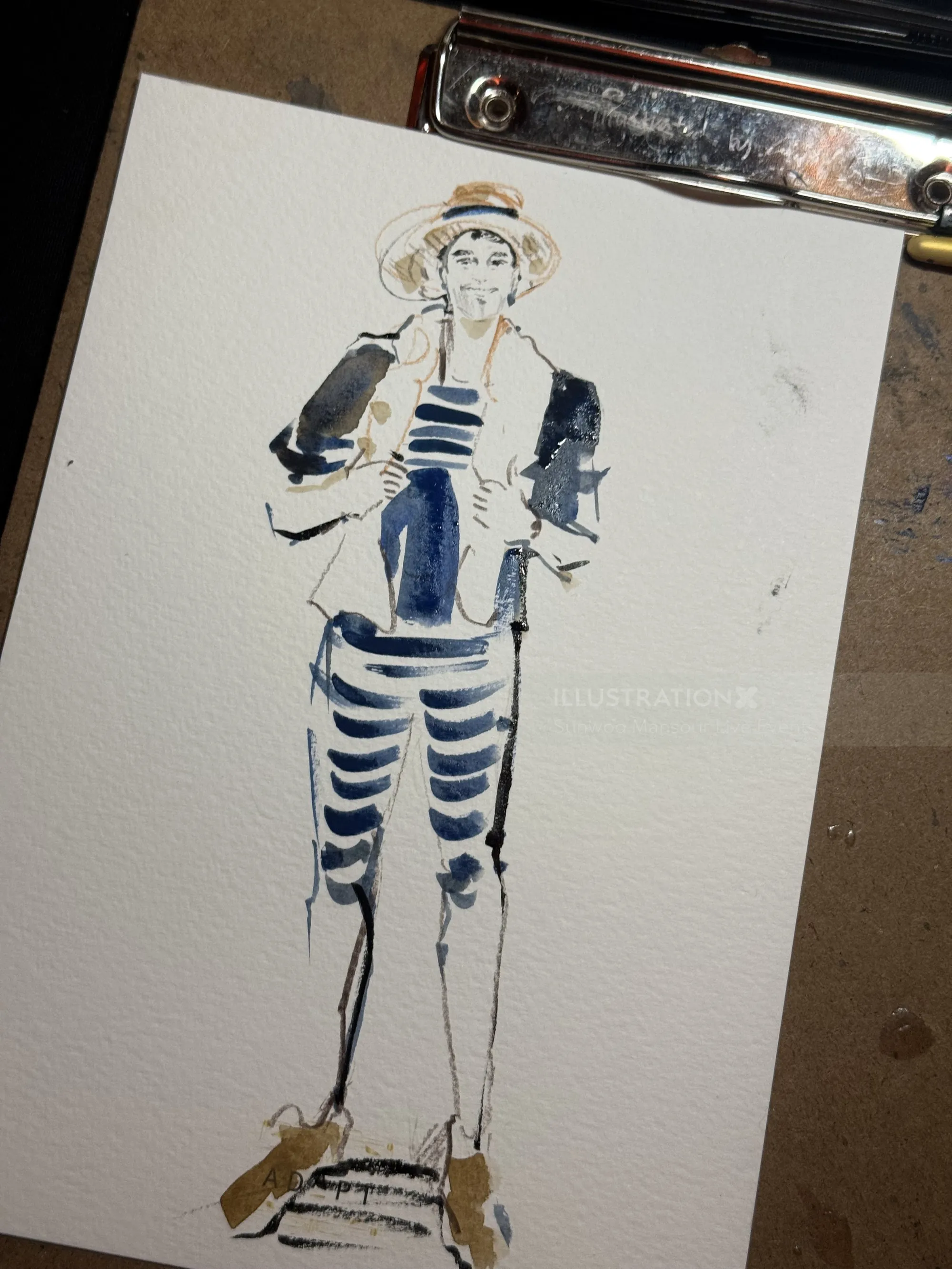 Stylized fashion sketch of woman wearing hat and striped pants by Sunwoo Mansour
