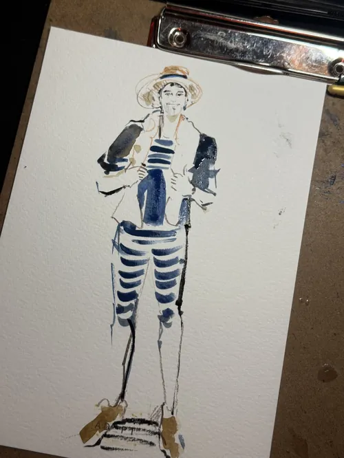 Stylized fashion sketch of woman wearing hat and striped pants by Sunwoo Mansour