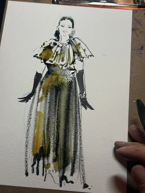Watercolor painting of woman in long dress with gloves by Sunwoo Mansour
