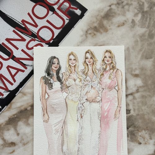 Fashion illustration of four women in elegant dresses by Sunwoo Mansour