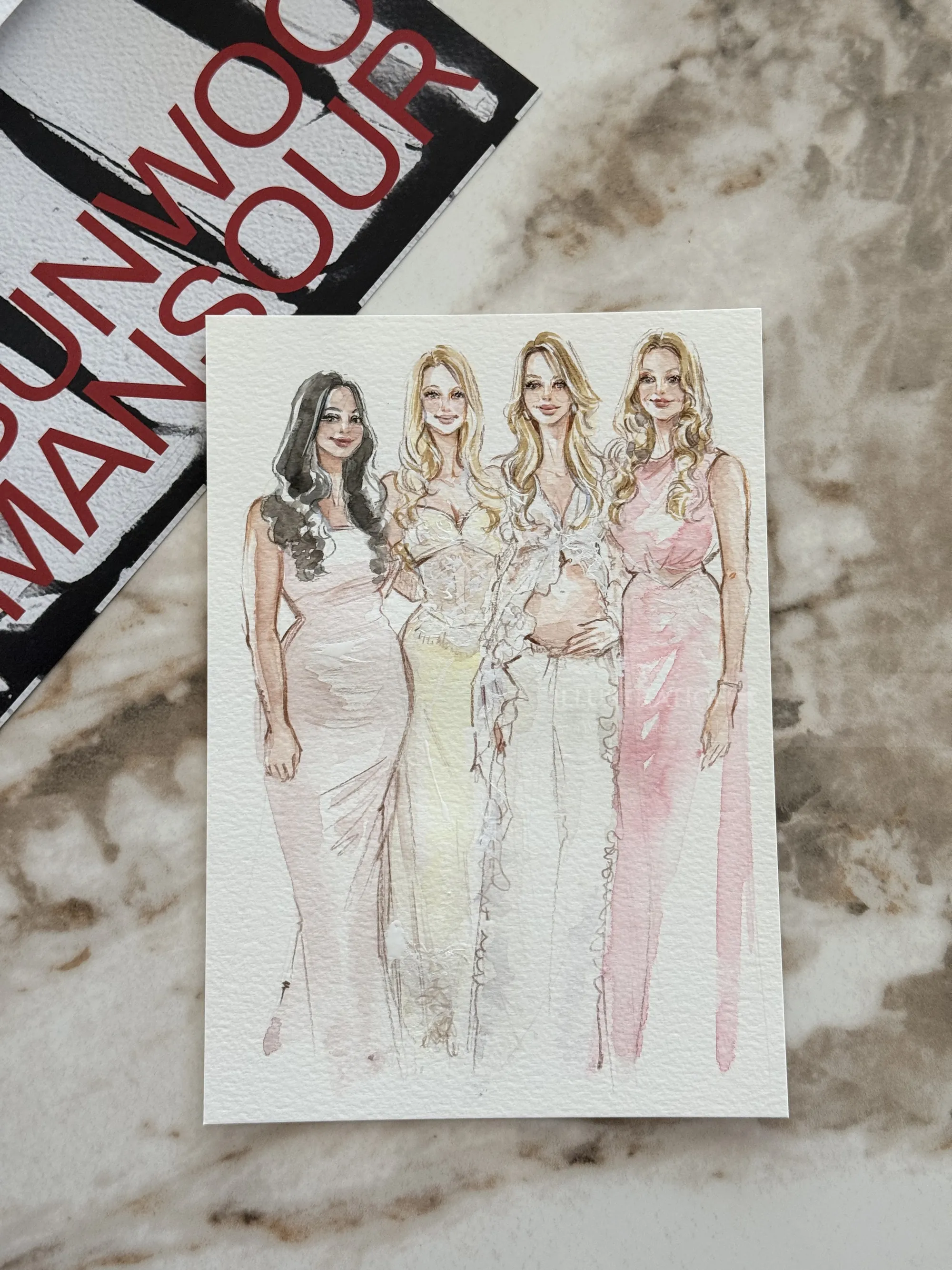 Fashion illustration of four women in elegant dresses by Sunwoo Mansour