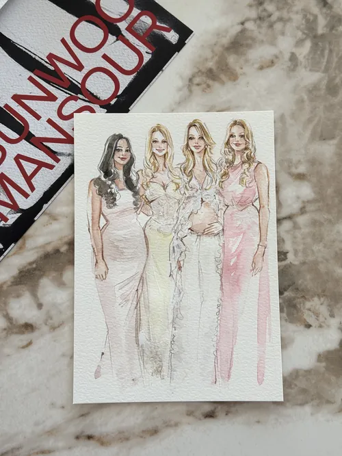 Fashion illustration of four women in elegant dresses by Sunwoo Mansour