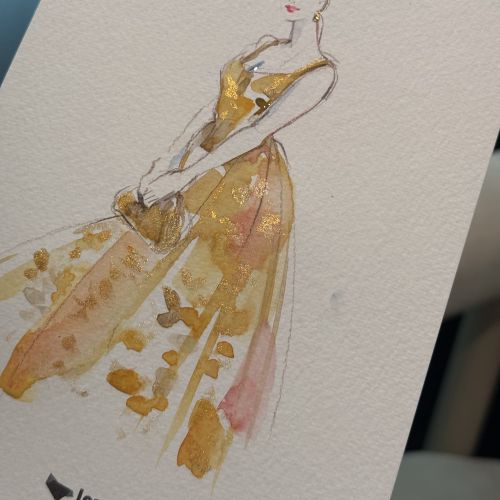 Women wearing a flowing gold dress fashion illustration by Sunwoo Mansour Live Events