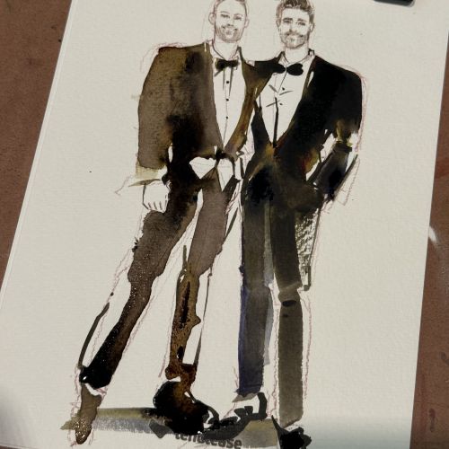 Watercolor painting of two men in tuxedos by Sunwoo Mansour