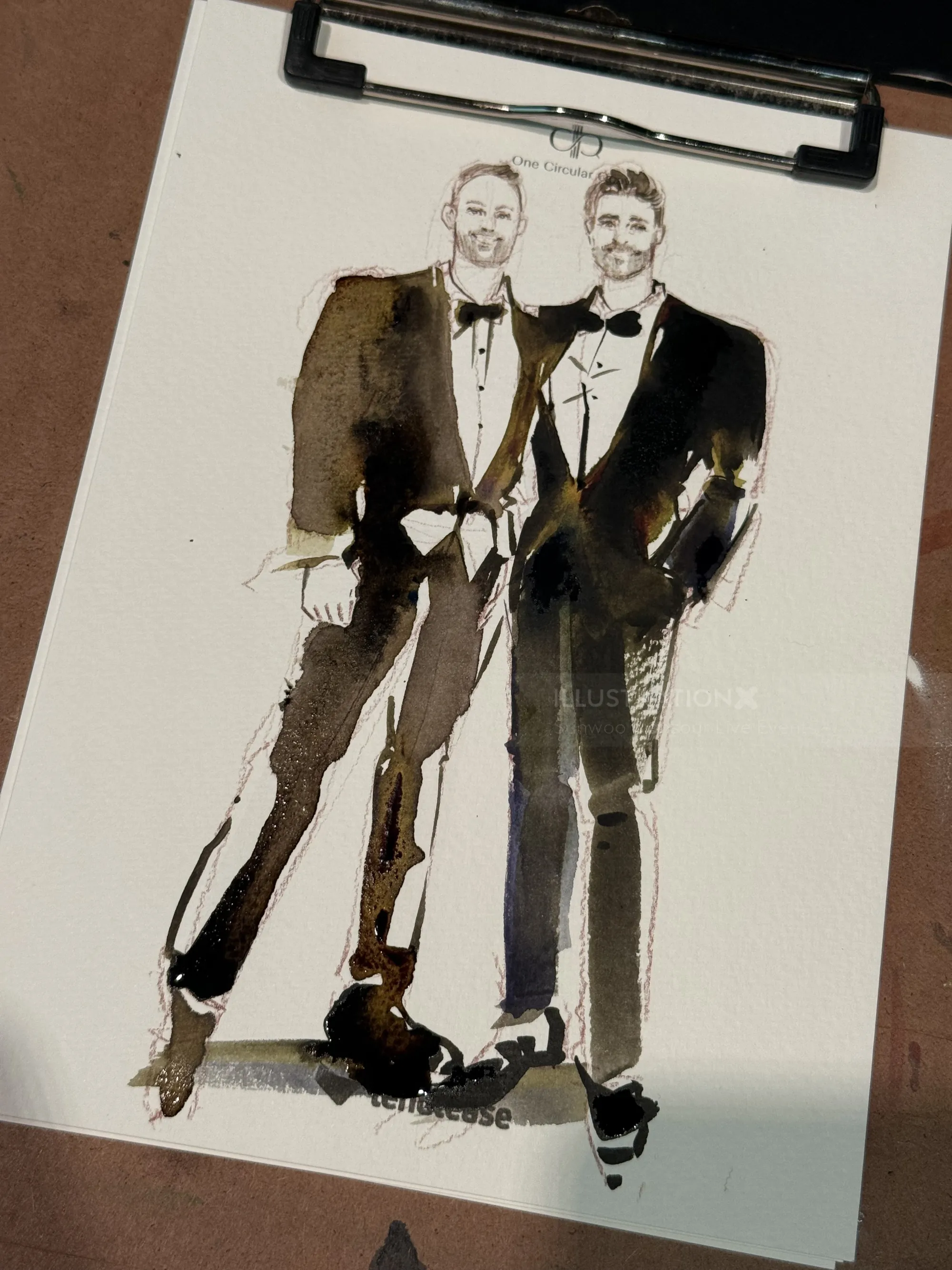 Pintura em aquarela de dois homens de smoking por Sunwoo Mansour