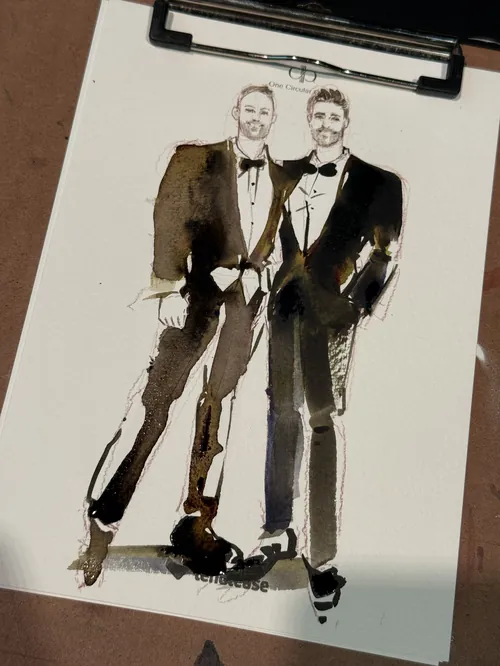 Watercolor painting of two men in tuxedos by Sunwoo Mansour