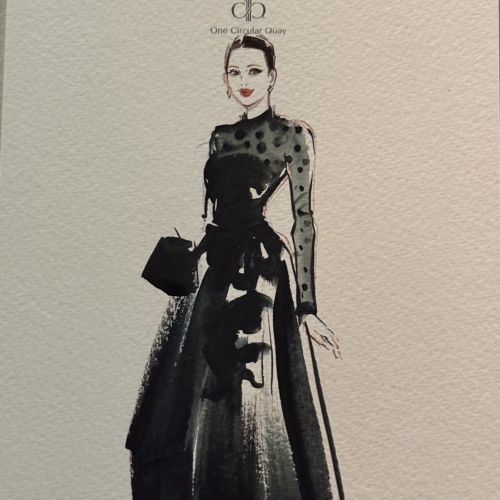 Fashion illustration of woman in black dress by Sunwoo Mansour