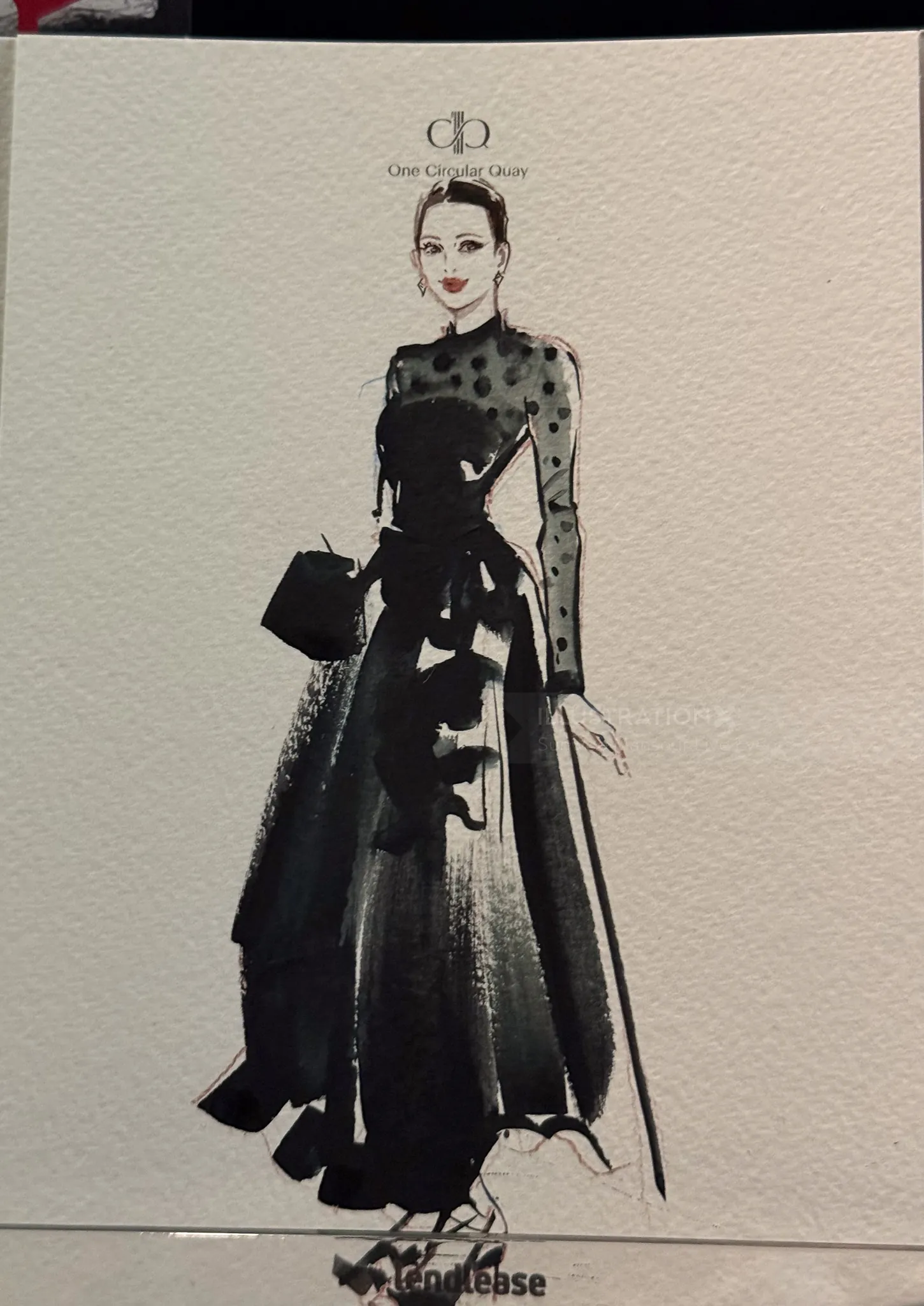 Fashion illustration of woman in black dress by Sunwoo Mansour
