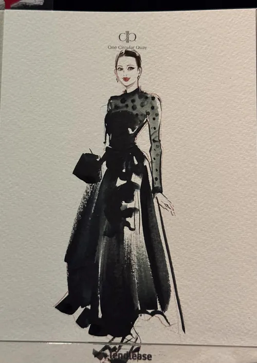 Fashion illustration of woman in black dress by Sunwoo Mansour