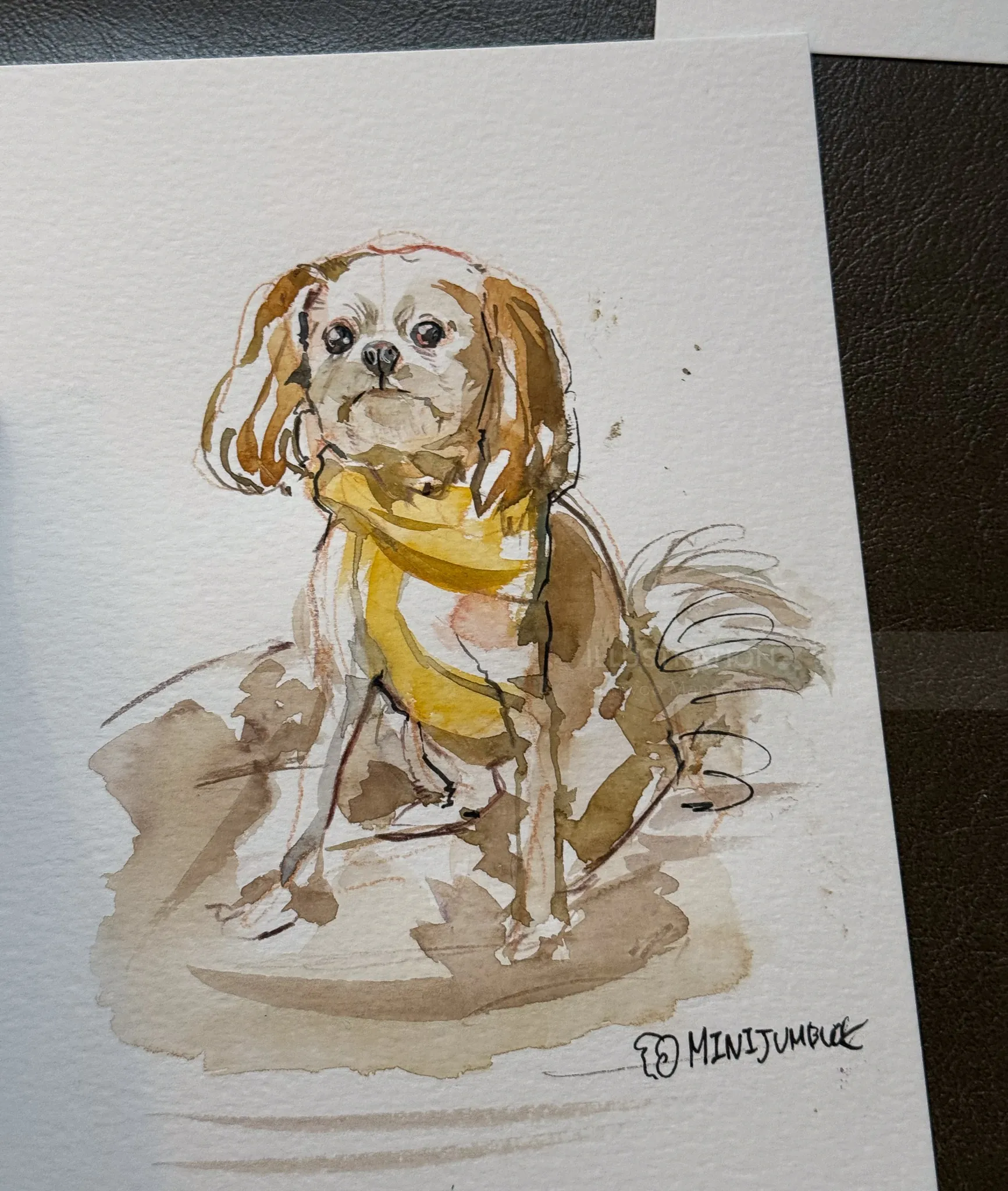 Watercolor painting of a small dog wearing a yellow scarf by Sunwoo Mansour