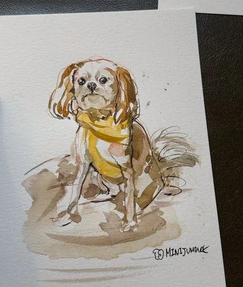 Watercolor painting of a small dog wearing a yellow scarf by Sunwoo Mansour