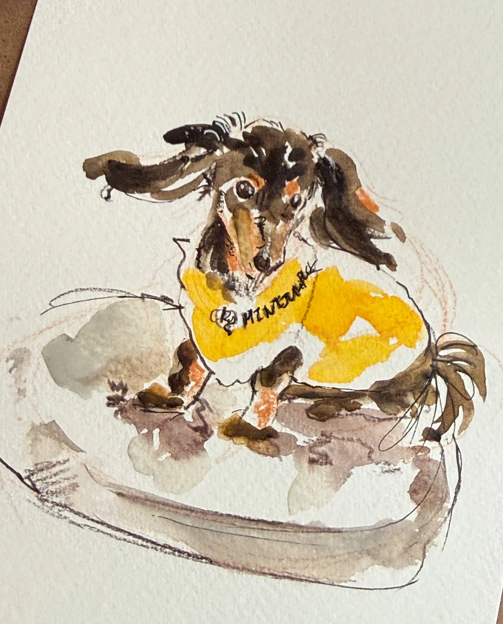 Watercolor painting of a dog wearing a yellow shirt by Sunwoo Mansour