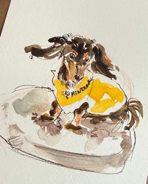 Watercolor painting of a dog wearing a yellow shirt by Sunwoo Mansour