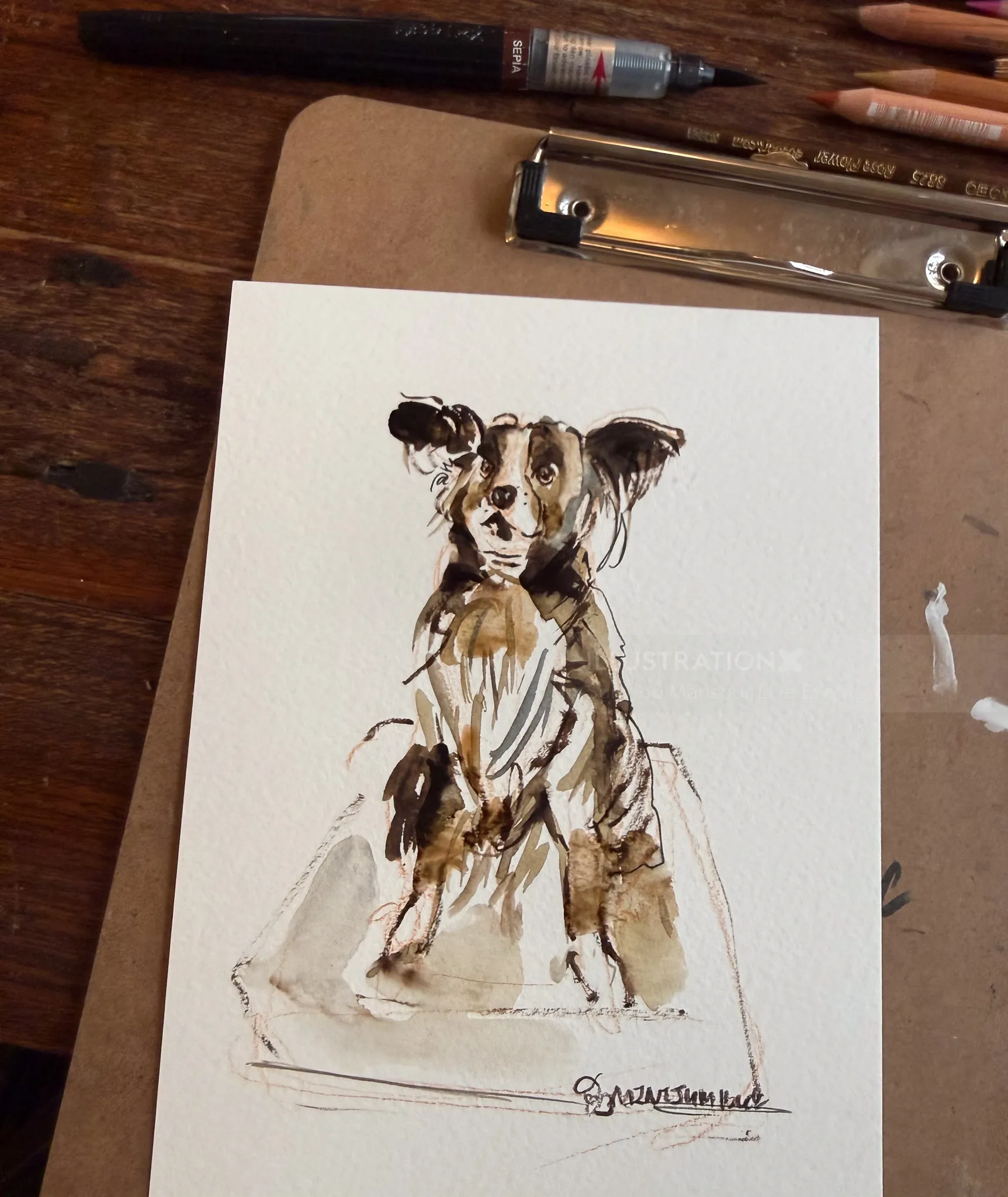 Watercolor dog portrait on paper by Sunwoo Mansour