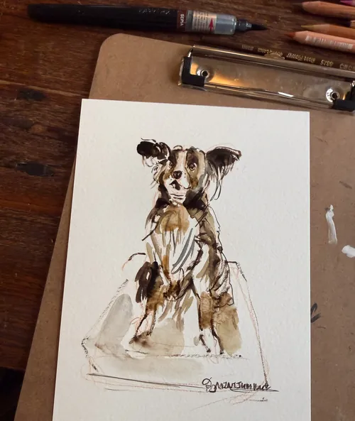 Watercolor dog portrait on paper by Sunwoo Mansour