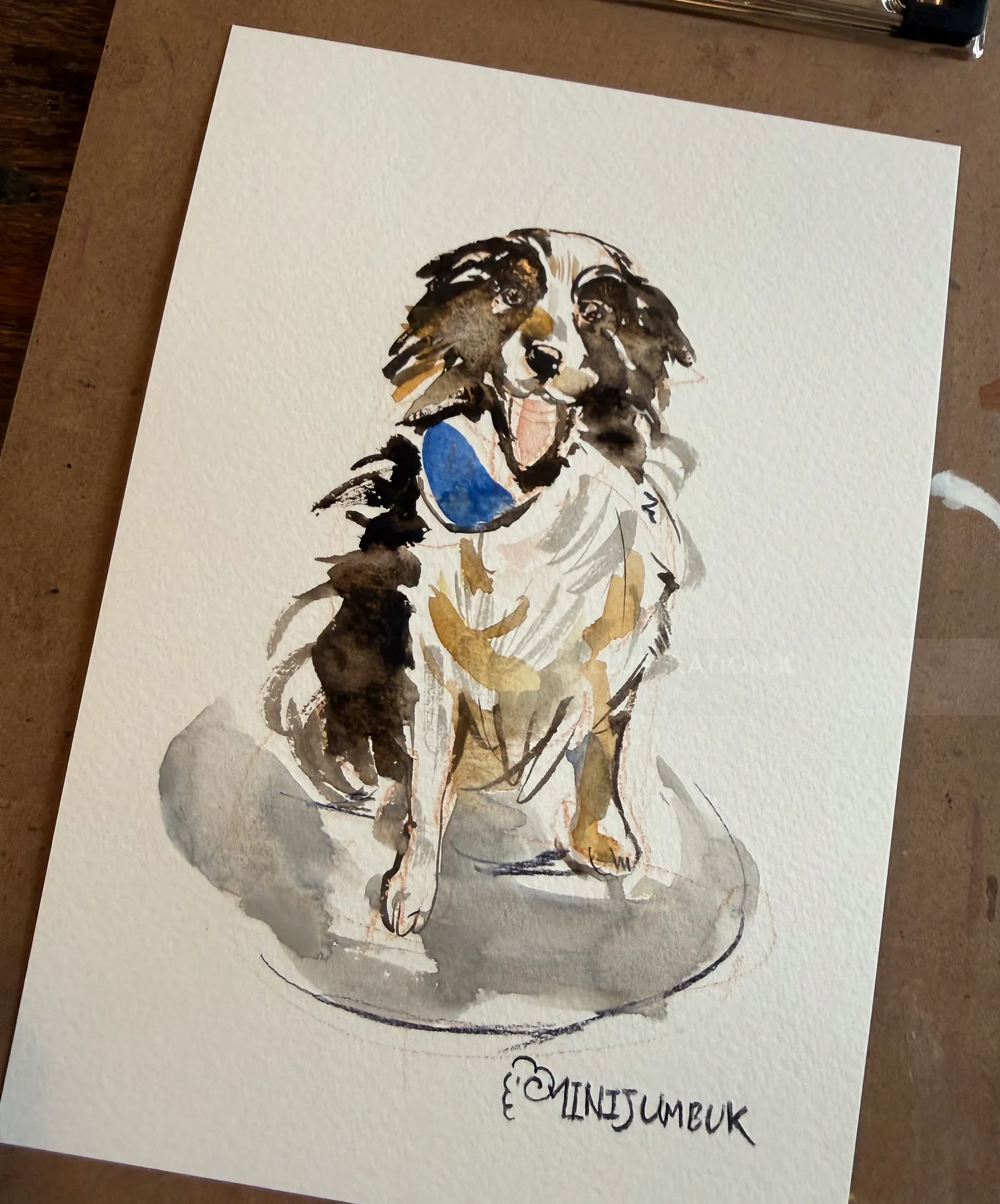 Watercolor painting of a dog holding a blue ball by Sunwoo Mansour