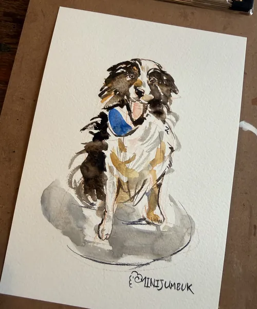 Watercolor painting of a dog holding a blue ball by Sunwoo Mansour