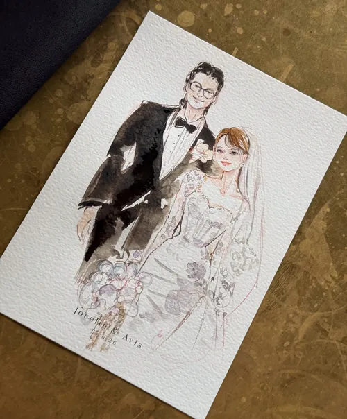 Watercolor painting of bride and groom at Sydney Opera House by Sunwoo Mansour