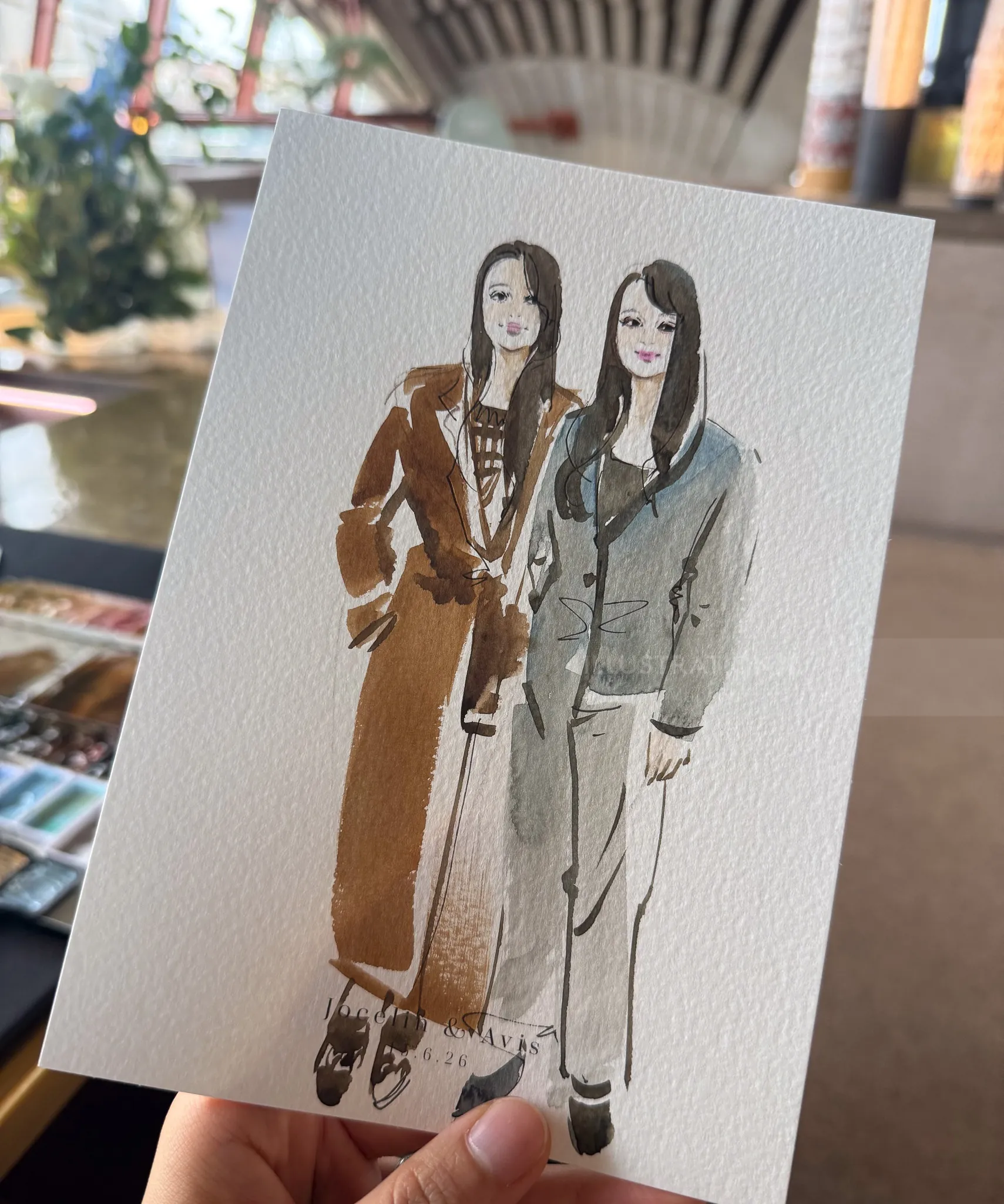 Watercolor painting of two women standing side by side by Sunwoo Mansour