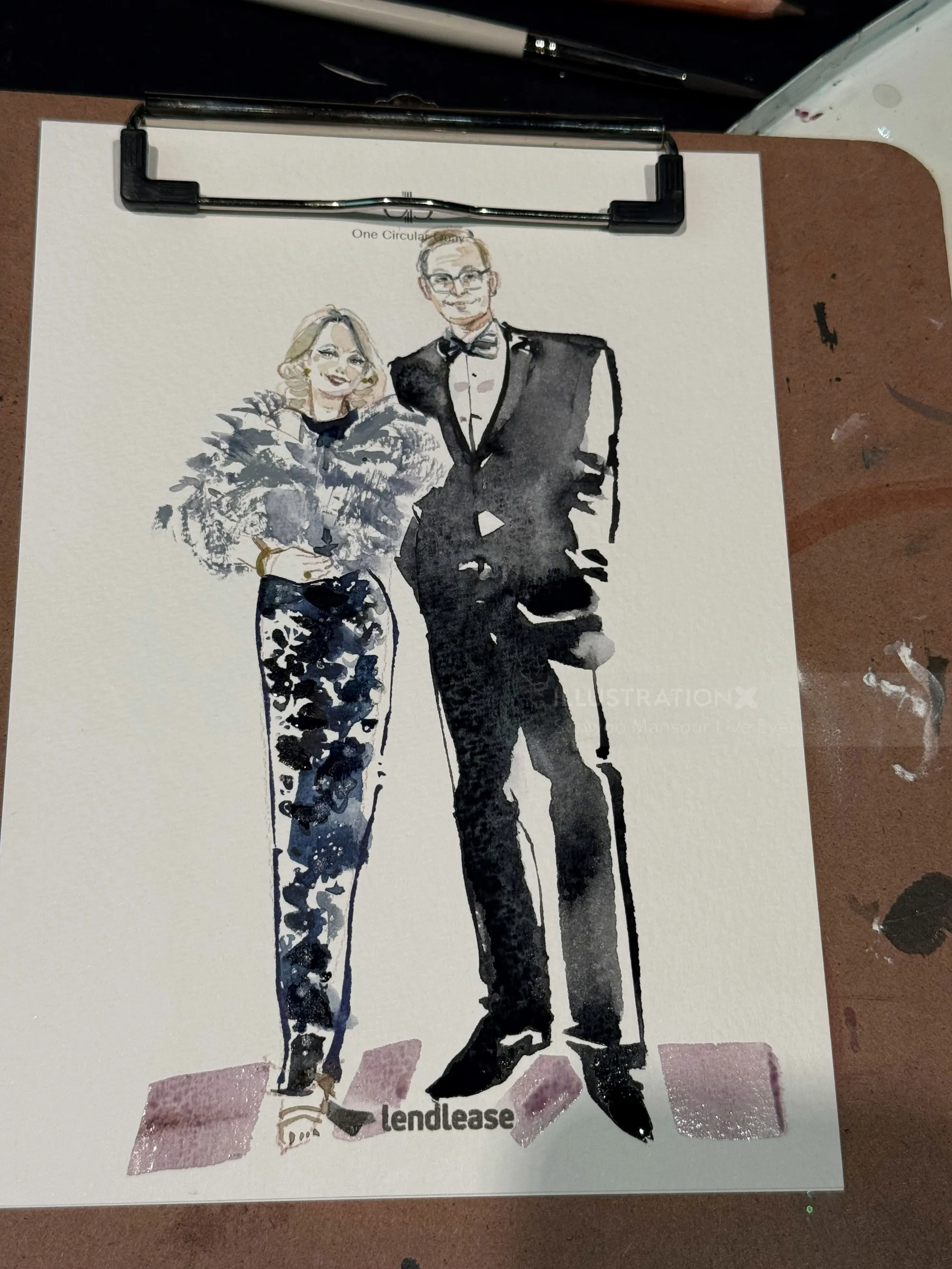 Illustration of a stylish couple at SCHF Gold Gala by Sunwoo Mansour