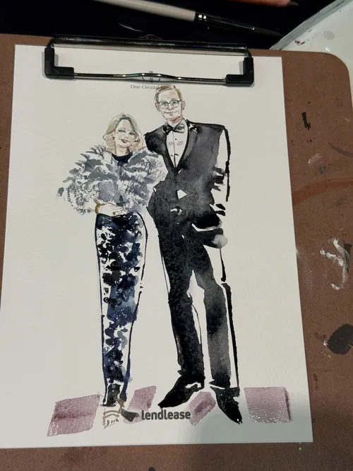 Illustration of a stylish couple at SCHF Gold Gala by Sunwoo Mansour