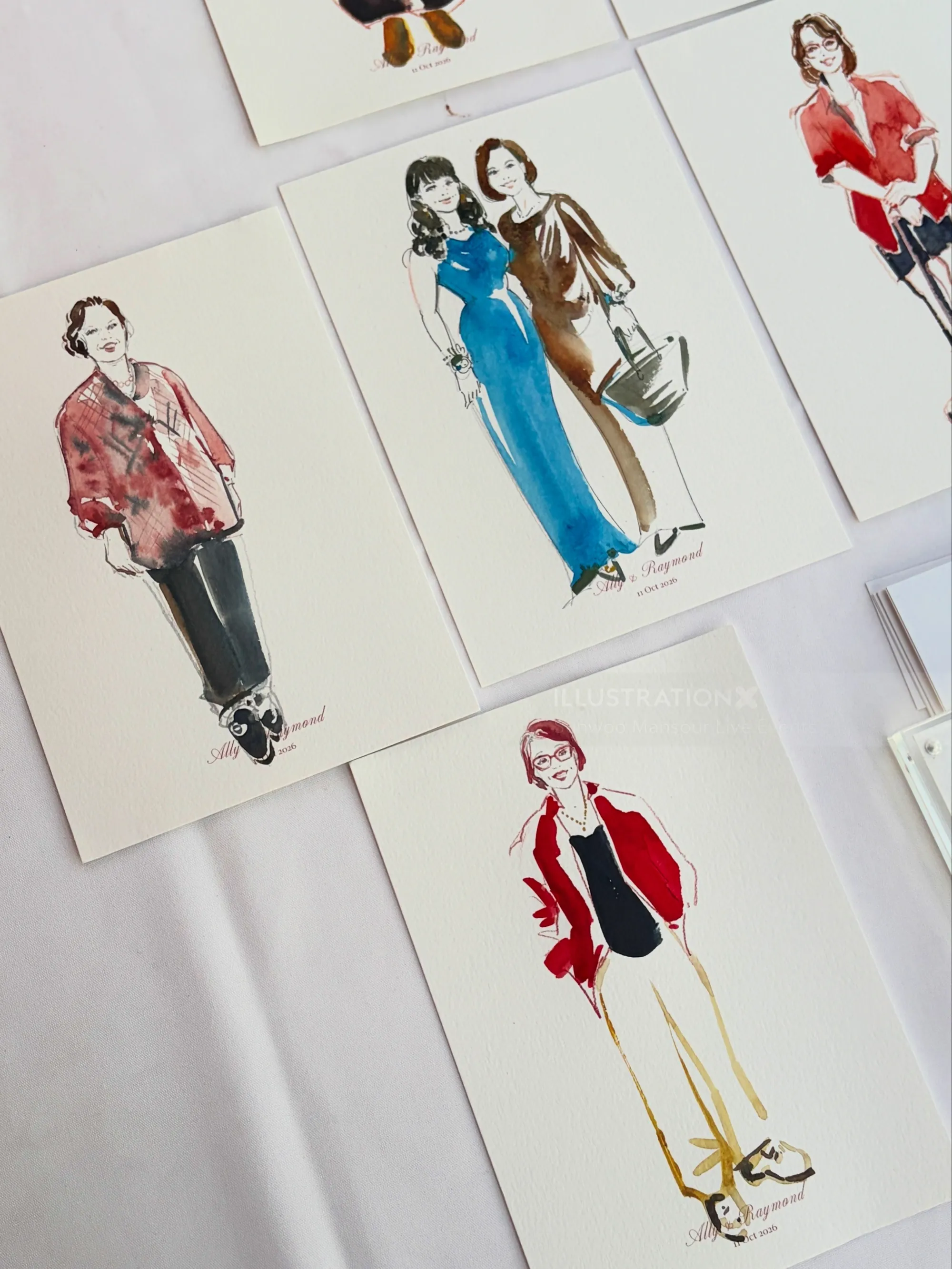 Fashion illustration prints by Sunwoo Mansour Live Events showing colorful figures