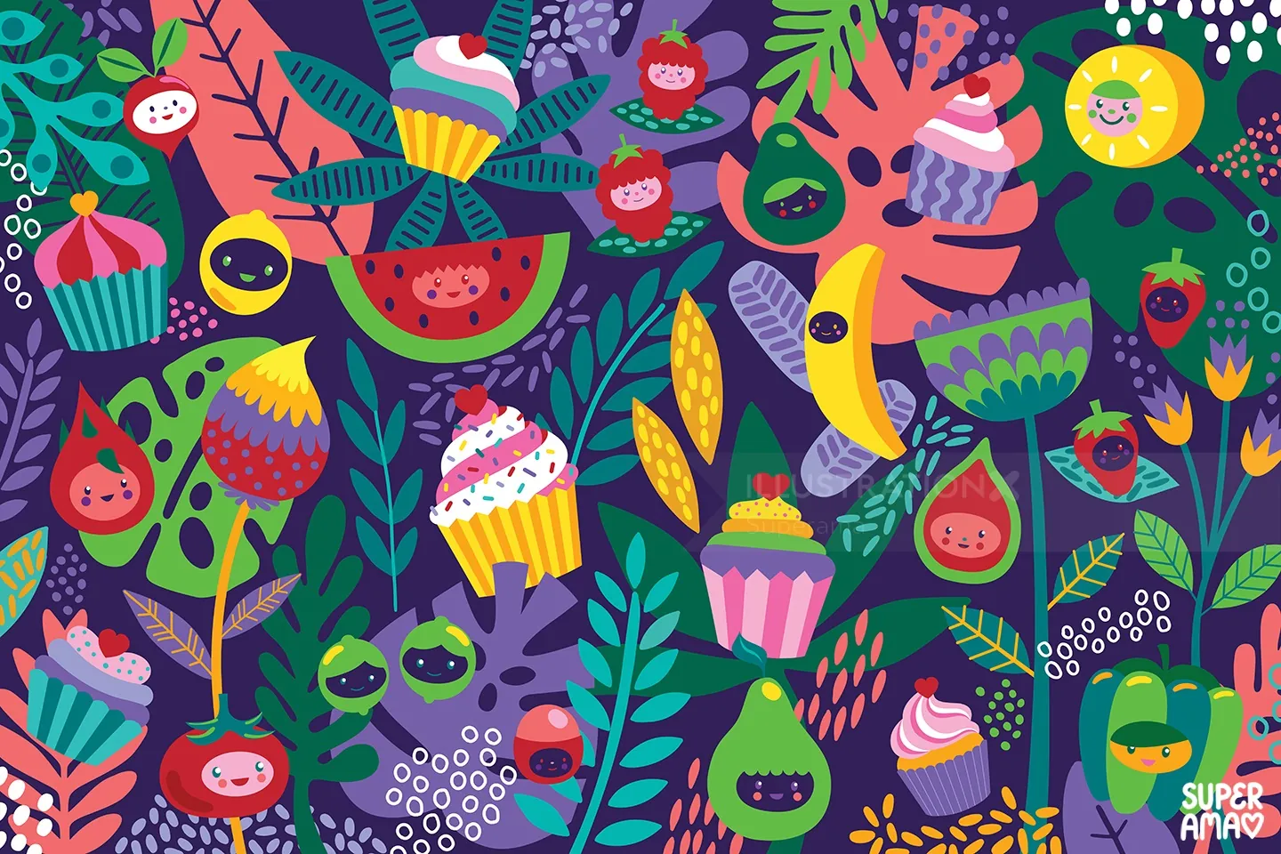 Colorful cupcakes, fruits, and leaves pattern by Superama