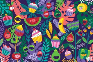 Colorful cupcakes, fruits, and leaves pattern by Superama