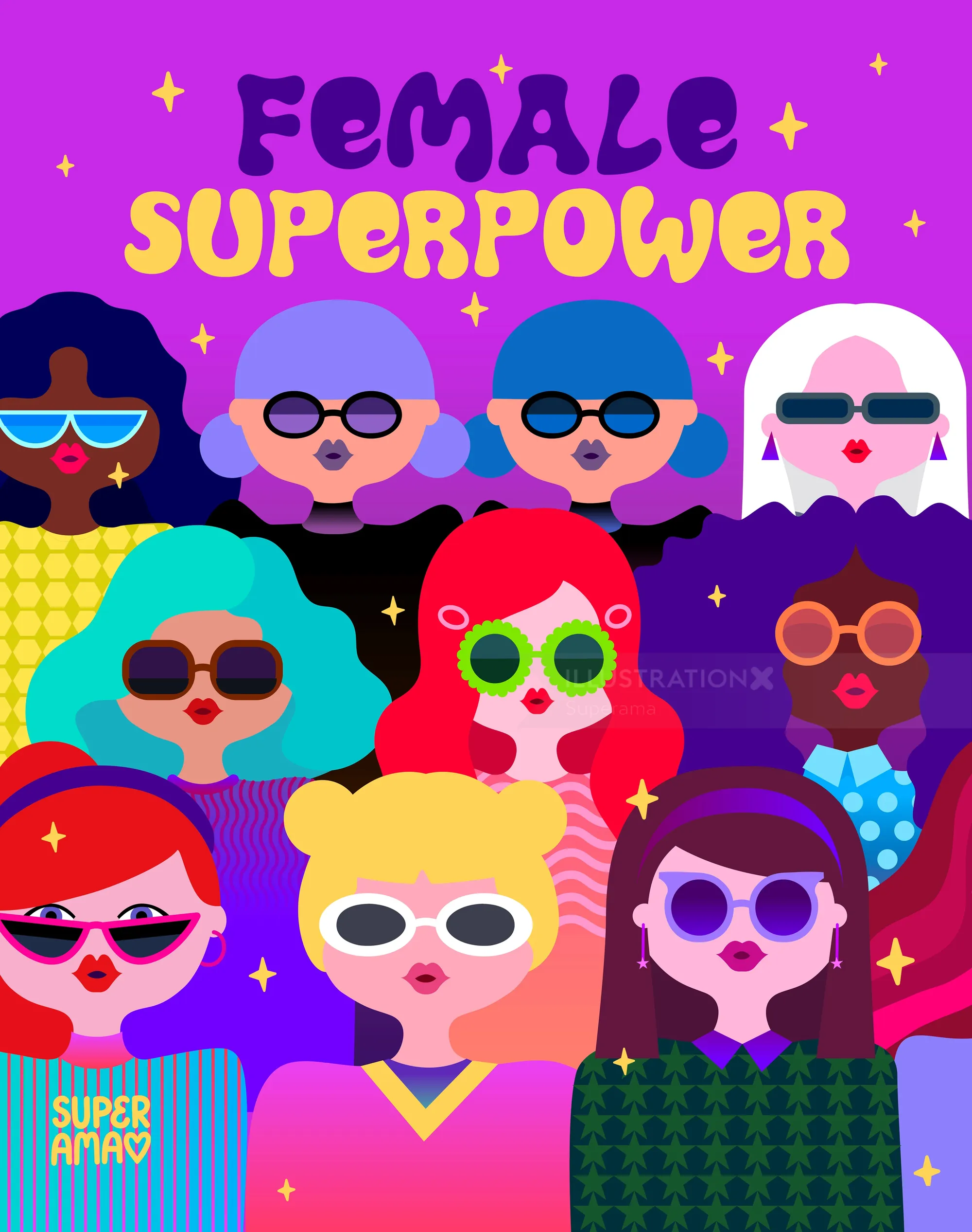 Colorful illustration of diverse women wearing sunglasses by Superama
