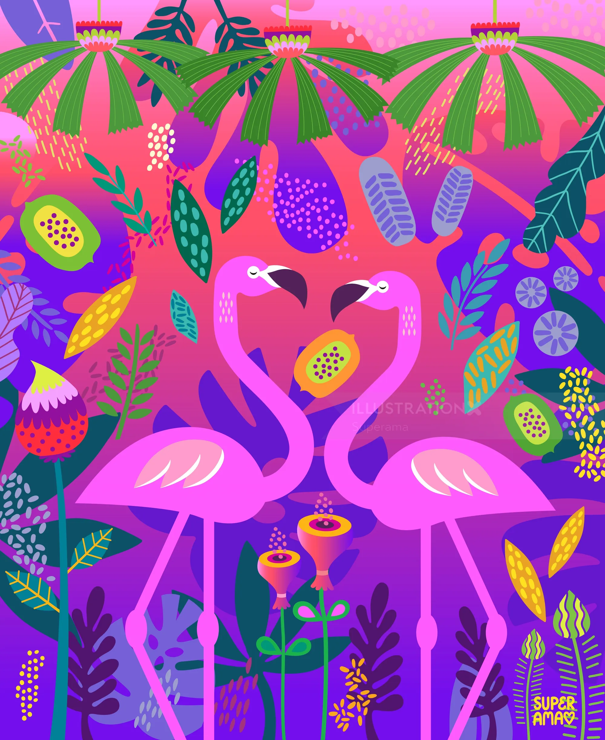 Bright colorful tropical flamingos with fruits and plants by Superama