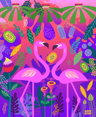 Bright colorful tropical flamingos with fruits and plants by Superama