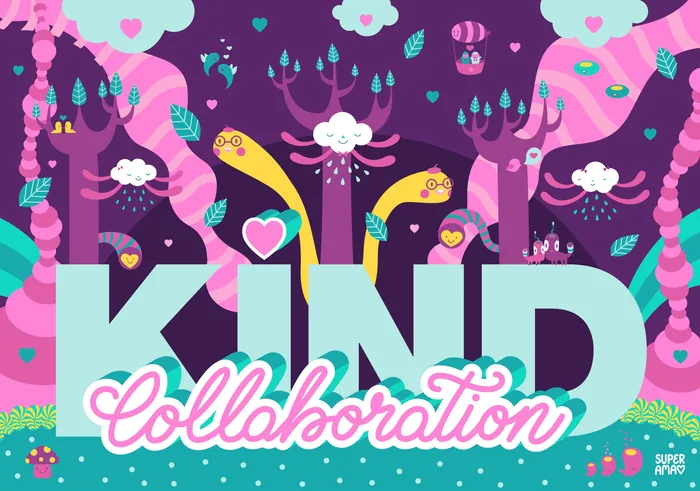 Colorful birds and trees surrounding the words Kind Collaboration by Superama