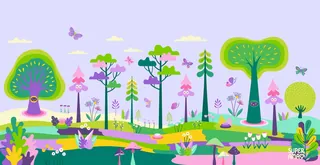 Whimsical forest landscape with colorful trees, birds, and insects by Superama