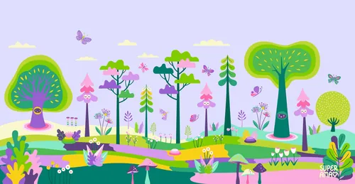 Whimsical forest landscape with colorful trees, birds, and insects by Superama