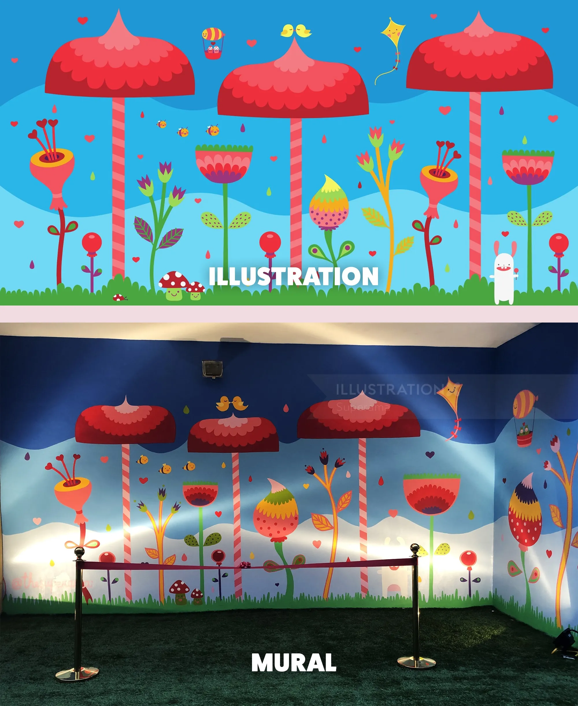 Colorful mural with red umbrellas and flowers by Superama