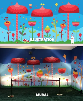 Colorful mural with red umbrellas and flowers by Superama