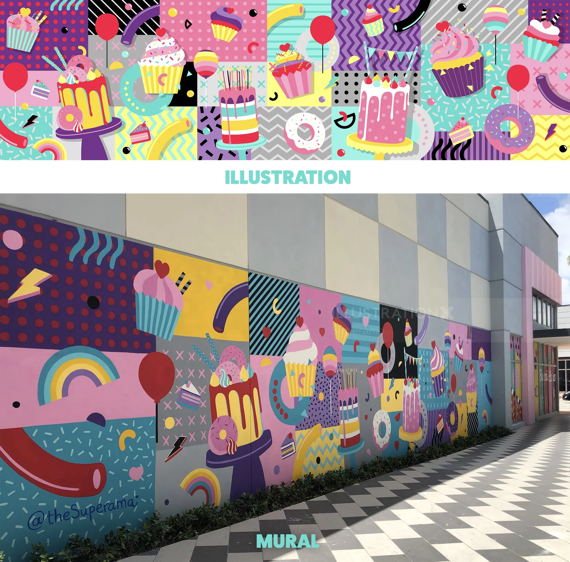Colorful mural with cupcakes, rainbows, and balloons by Superama on building wall
