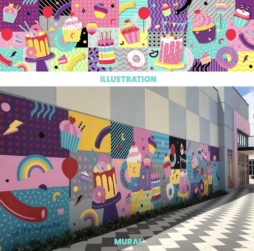 Colorful mural with cupcakes, rainbows, and balloons by Superama on building wall