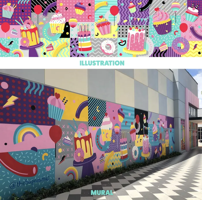Colorful mural with cupcakes, rainbows, and balloons by Superama on building wall